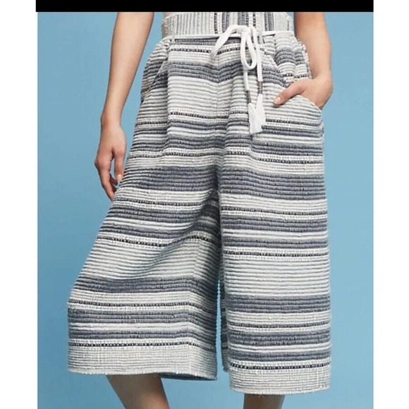 Anthropologie Laura Siegel Ellison Culotte Pants Sz S Stripped‎ Textured Pull On - Picture 2 of 13